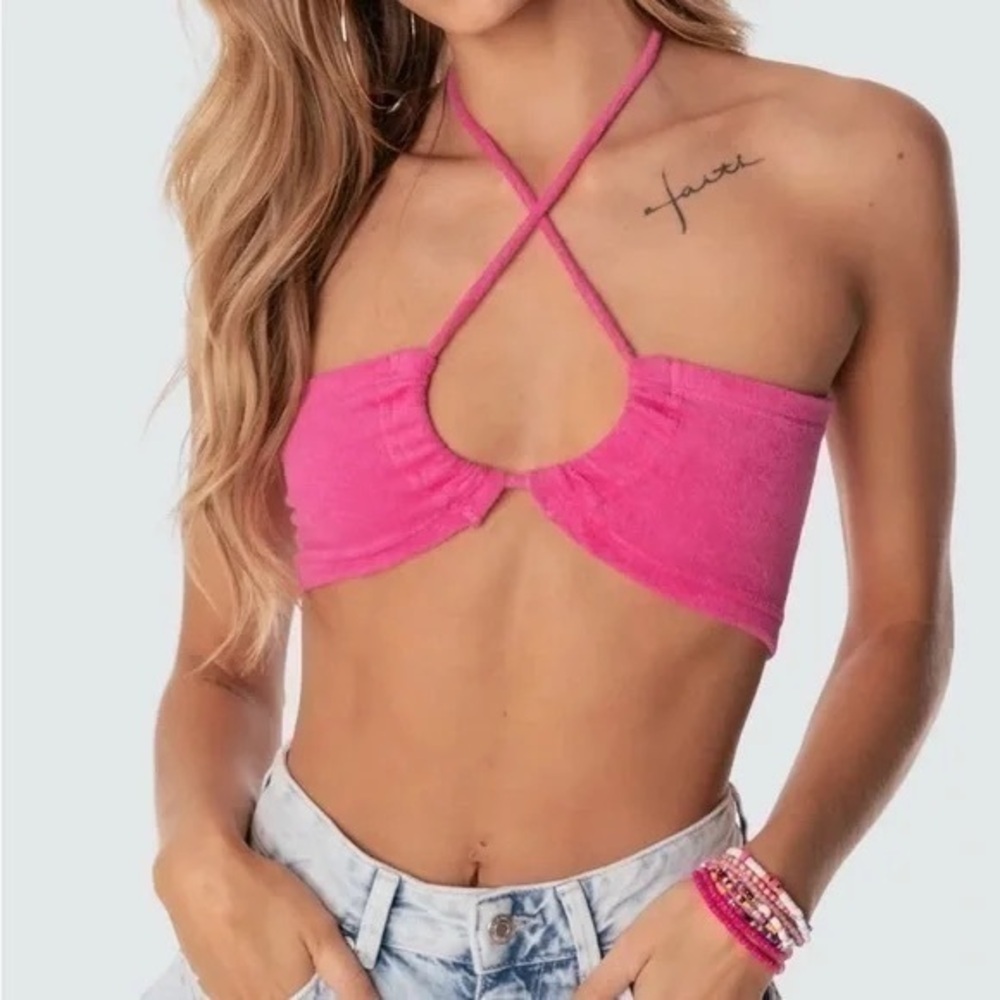 Edikted Pink Terry Cloth Halter Bandeau